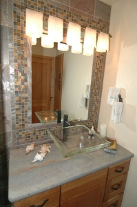 Vessel Sink, Granite Countertop and Slate Mosaic Tile Frame